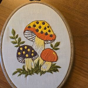Merry Mushroom Embroidery Hand Made Art Crossstitch Mid Century Vintage …